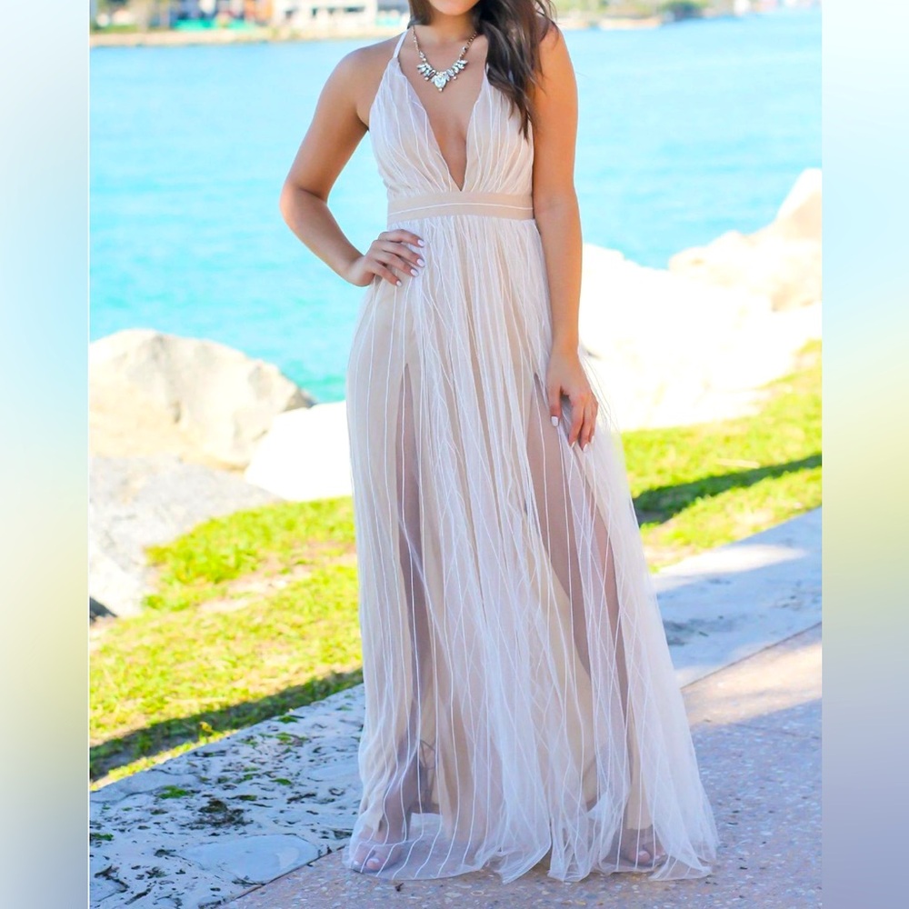 Luxxel Tulle Maxi Dress with Criss Cross Open Back